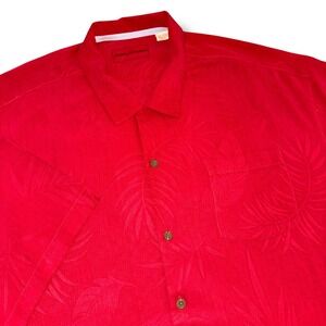 Tommy Bahama Mens XXL Red 100% Silk Palm Leaf Jacquard Short Sleeve Button Shirt